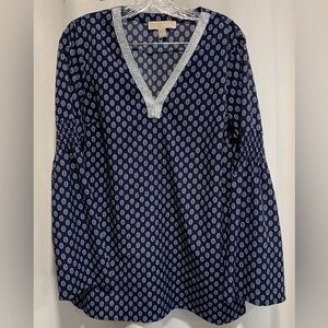 Michael Kors Women’s Open V-Neck Tunic, Blue w/Circle Pattern, Smocking, Size M